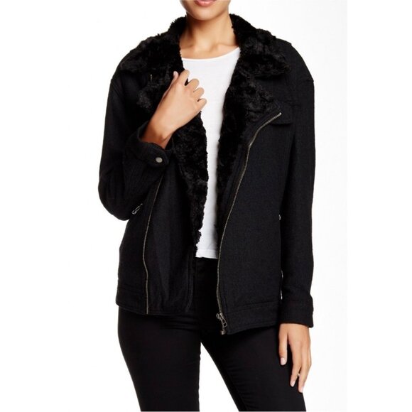 Free People Moto Jacket Wool Blend Slouchy Faux Fur Size Small Women's - Picture 1 of 5